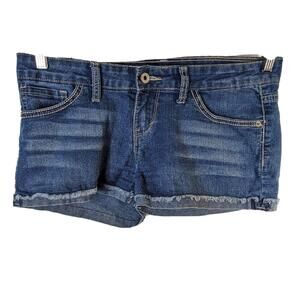 Levis Shorty Short Jean Shorts Denim Womens Size 9 Distressed Roll Up 34x2.5